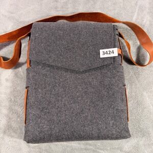 Gray Felt Messenger Bag with Brown Leather Strap - Minimalist Crossbody